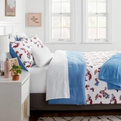Butterfly Print Microfiber Decorative Bed Set With Throw Blue/Red/White - Room Essentials™